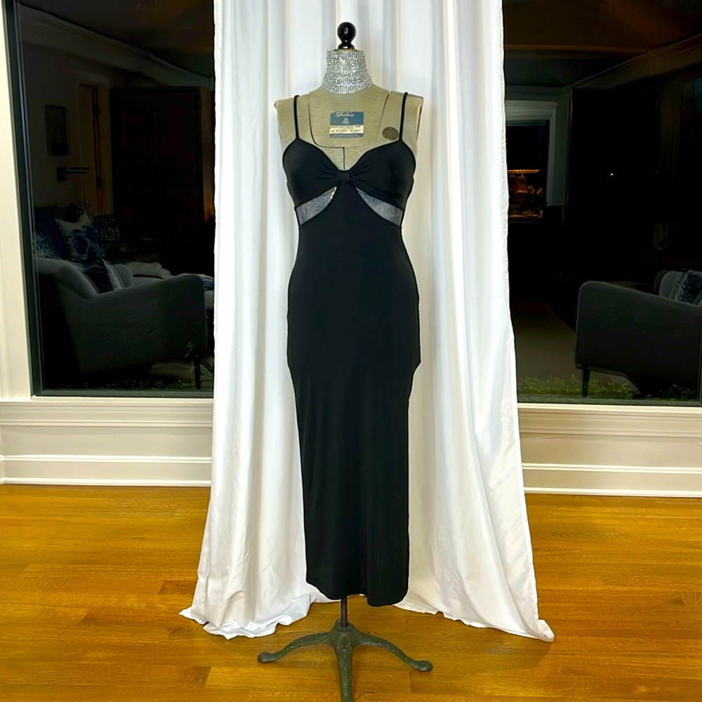 Hello Molly black spaghetti straps cut out mid section. 6 long with a side slit